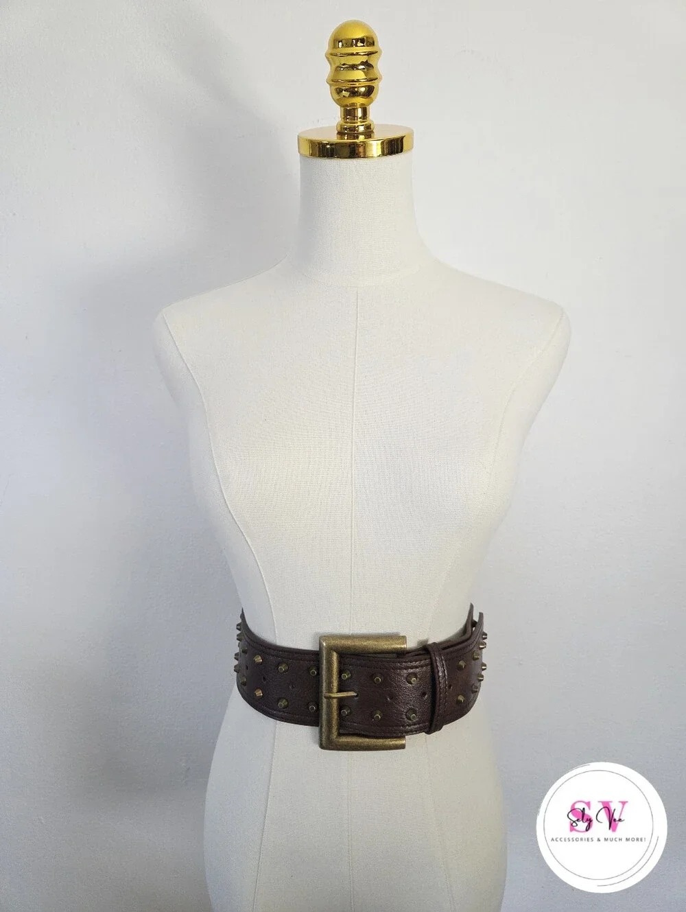 Brown Studded Belt With Gold Buckle.